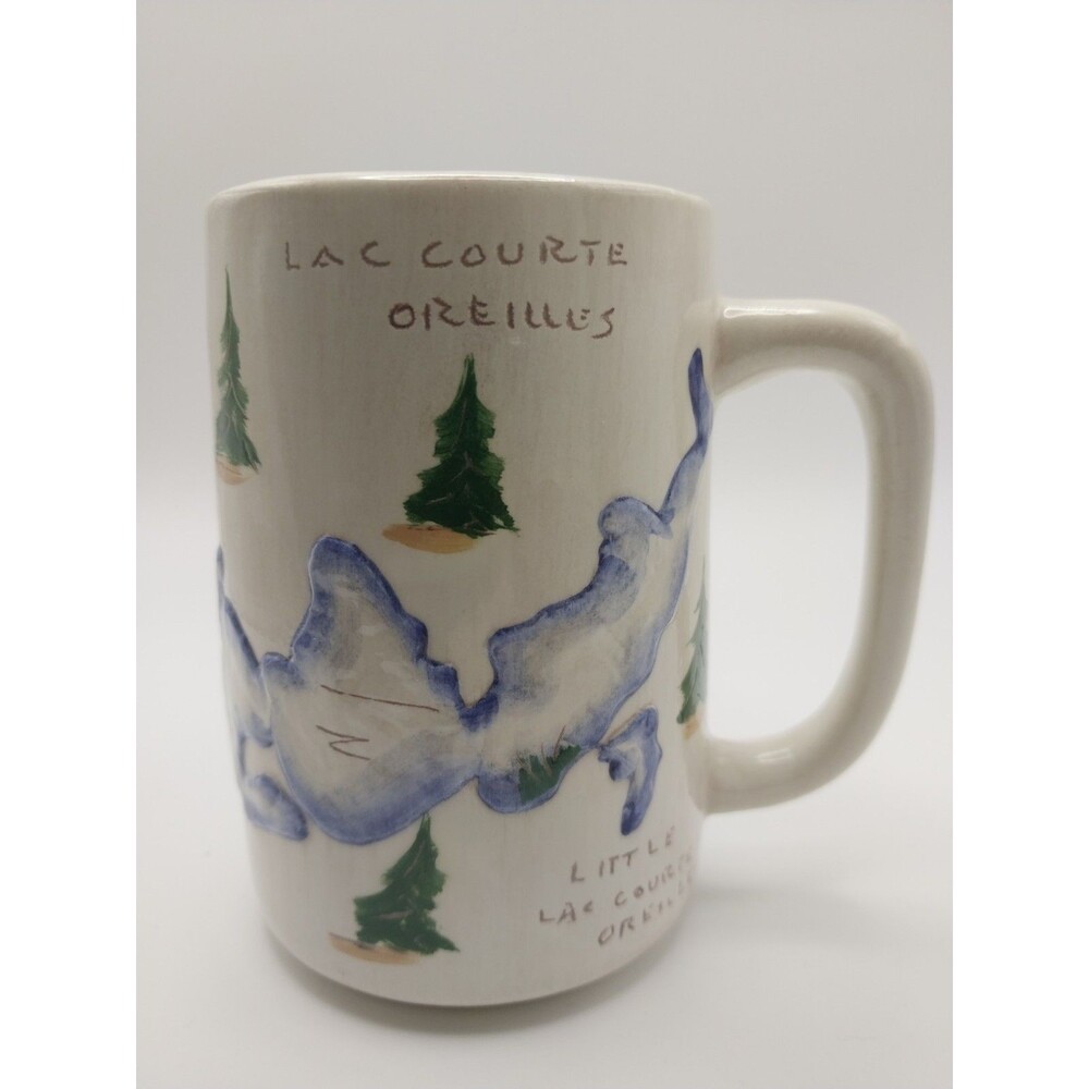 Vintage Lac Courte Oreilles WI Handmade Ceramic Mug Hand Painted Lake Map Art